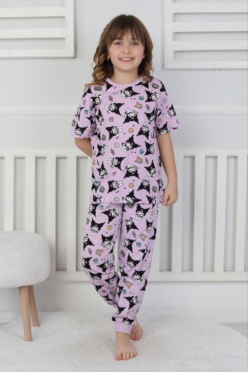 İSOB Lila Kuromi Desenli %100 Pamuk Kız Çocuk Kısa Kollu Pijama Takımı 8-13 Yaş 41412-L