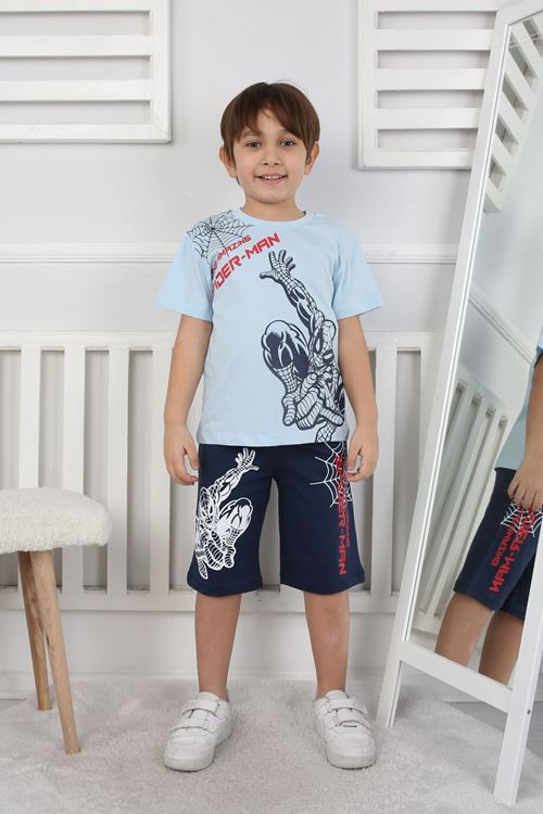 İSOB Mavi Örümcek Adam Desenli %100 Pamuk Erkek Çocuk Kısa Kollu Şortlu Takım 3-12 Yaş 24409-M