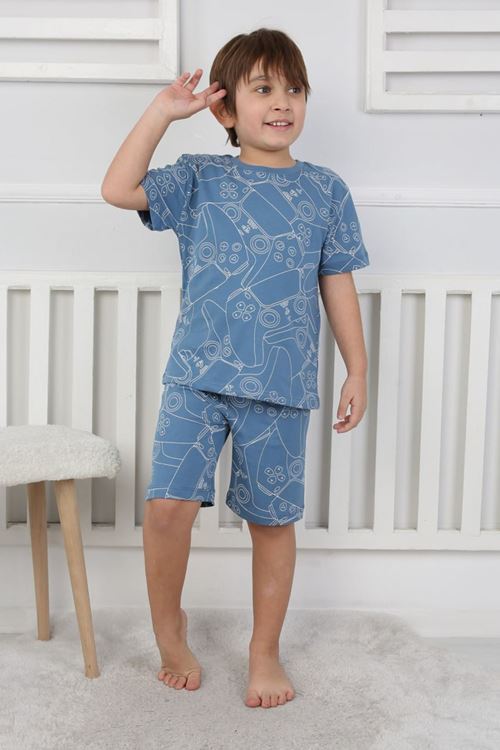 İSOB Mavi Atary Desenli %100 Pamuk Erkek Çocuk Kısa Kollu Şortlu Takım 3-8 Yaş 41301-M
