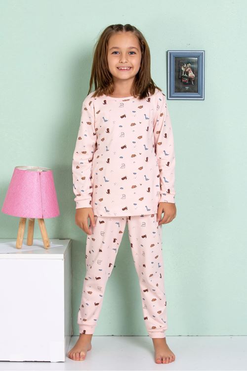 1+1ELMP Pudra Dinazor Desenli %100 Pamuk Kız Çocuk Pijama Takımı 1-2 Yaş 04064