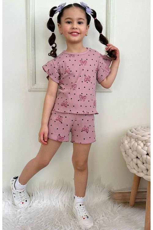PJKSKT Kalp Fiyonk Desen Gül Kurusu Fitilli Kumaş Fırfırlı Kollu Şortlu Kız Çocuk Kısa Kol Takım 7633-GK