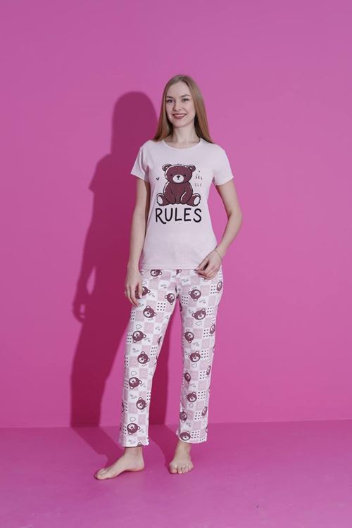 MLALE Rules Ayıcık Desenli Suprem Kumaş Kısa Kollu Bayan Pijama Takımı 1477-P