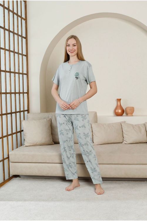 GLİSA Yeşil Önden 2 Düğmeli Viskon Kumaş Kısa Kollu Bayan Pijama Takımı 5533-Y