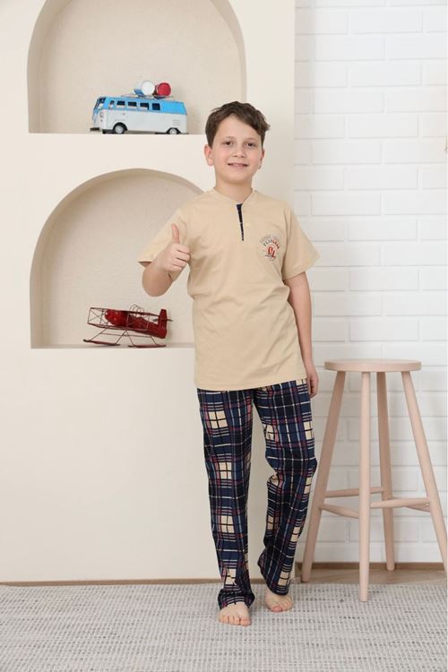 KAPİP Bej Break Limite Baskılı Kısa Kollu Erkek Çocuk Pijama Takımı 10-15 Yaş 5873-B