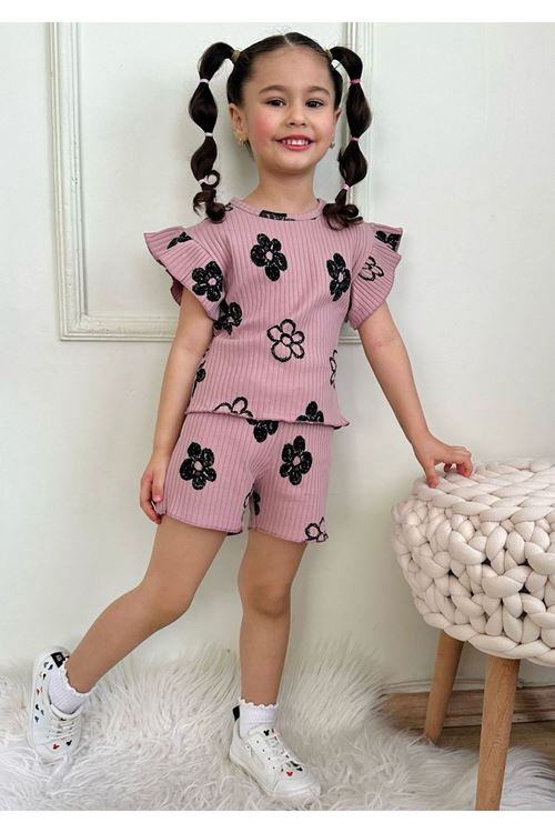 PJKSKT Fırça Papatya Desen Gül Kurusu Fitilli Kumaş Fırfırlı Kollu Şortlu Kız Çocuk Kısa Kol Takım 7638-GK