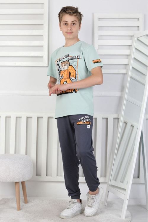 İSOB Yeşil Minec Desenli %100 Pamuk Kısa Kollu Erkek Çocuk Pijama Takımı 8-13 Yaş 41512-Y
