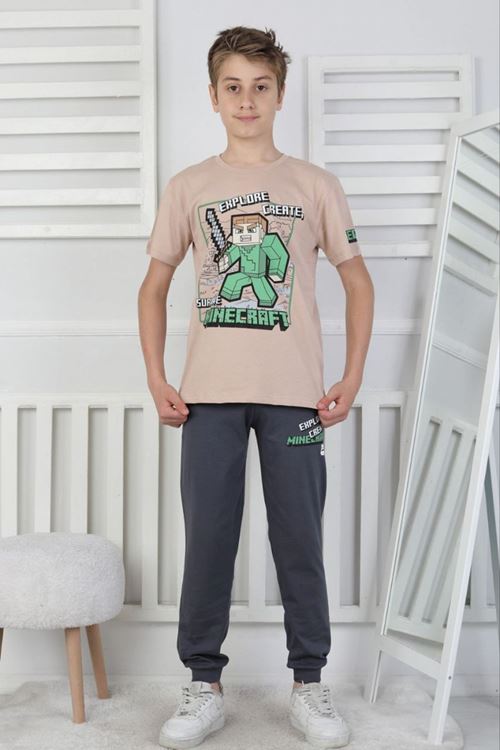 İSOB Bej Minec Desenli %100 Pamuk Kısa Kollu Erkek Çocuk Pijama Takımı 8-13 Yaş 41512-BE