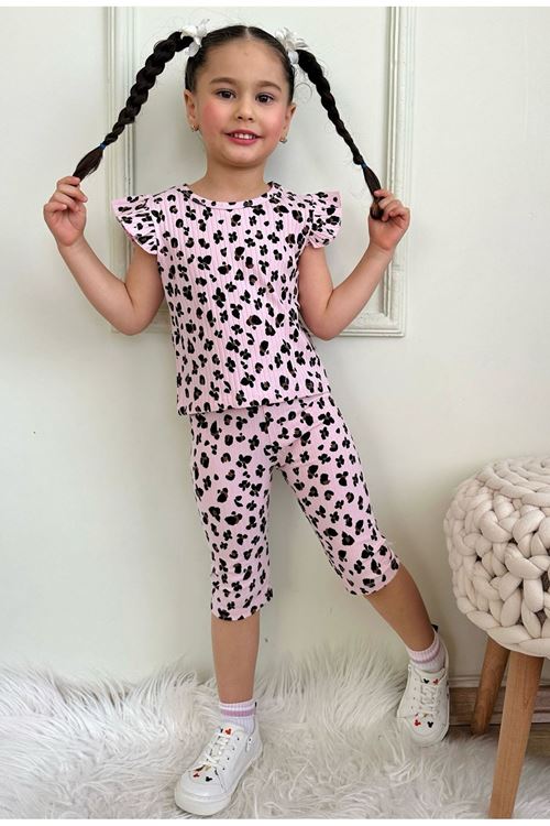 PJKSKT Leopar Desen Pembe Fitilli Kumaş Fırfırlı Kollu Kaprili Kız Çocuk Kısa Kol Takım 7643-P