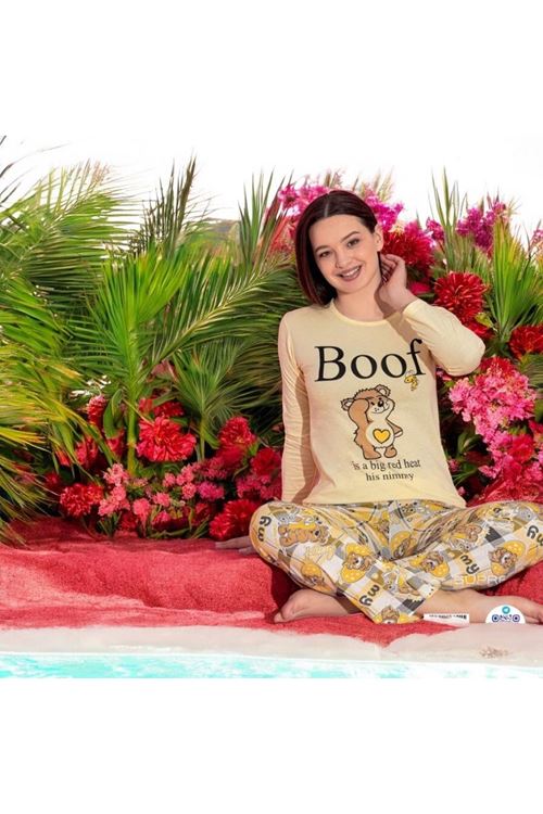 MLALE Sarı Ayıcık Desenli Suprem Kumaş Uzun Kollu Bayan Pijama Takımı 1531-S