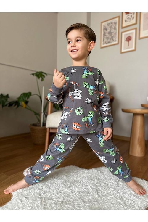 İSOB Füme Minec Desenli %100 Pamuk Erkek Çocuk Pijama Takımı 3-8 Yaş 51305-F