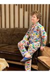 Dinozor Desenli Gri Önden Düğmeli Erkek Çocuk Pijama Takımı 4-12 Yaş 0701