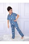 Mickey Desenli Mavi Kısa Kollu Önden Düğmeli Erkek Çocuk Pijama Takımı 4-12 Yaş 708