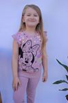 Minnie Mouse Fitilli İspanyol Paça Taytlı Kız Çocuk Kısa Kol Takım Gül Kurusu 6296