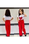 Kalp Desenli Croplu Kumaş Pantolonlu Kız Takım Kırmızı 3-10 Yaş 7050-K