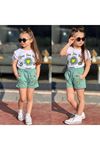 Çiçekli Tişörtlü Şortlu Kız Takım Yeşil 7067-Y