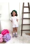 Fitilli Kumaş Mini Kalpli Fırfırlı Kollu Şortlu Kız Çocuk Kısa Kol Takım Ekru 6349-E