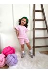 Fitilli Kumaş Mini Kalpli Fırfırlı Kollu Şortlu Kız Çocuk Kısa Kol Takım Pembe 6349-P