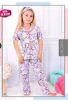 Frouzen Elsa Desenli Lila Kısa Kollu Önden Düğmeli Kız Çocuk Pijama Takımı 4-12 Yaş 579