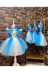 Frouzen Elsa Taçlı Kısa Kol Kız Çocuk Elbise Mavi 1-12 Yaş 10001-M
