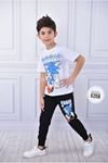 PJKKE Sonic Desenli Beyaz Eşofmanlı Erkek Çocuk Kısa Kol Takım 3-10 Yaş 6208-B