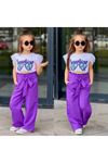 Sunshine Bol Paça Pantolonlu Kol Detaylı Kız Takım Mor 4-12 Yaş 7027-M