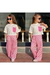 Cepli Dijital Dama Baskılı Pantolonlu Kız Takım Pembe 4-12 Yaş 8330-P