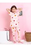 ELMKP Pembe Çilek Desen Fitilli Kumaş Kız Çocuk Pijama Takımı 3-10 Yaş 1116