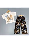 Kelebek Desen Leopar Pantolonlu Kız Takım Ekru 4-12 Yaş 7086-E