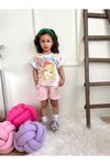 Positive Kız Desenli Cepli Şortlu Kız Çocuk Kısa Kol Takım Pembe 6338-P
