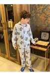 PJKÖ Jeep Desenli Gri Uzun Kollu Önden Düğmeli Erkek Çocuk Pijama Takımı 4-12 Yaş 0701U