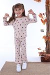 PJK2İ Menekşe Desenli Bej Fitilli 2 İp %100 Pamuk Kız Çocuk Takımı 3-10 Yaş 7208-B