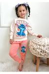 2PJK2İ Stitch Desenli Somon 2 İp %100 Pamuk Kız Çocuk Eşofman Takımı 3-10 Yaş 7293-S