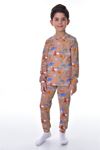İSOB Kahverengi Dinazor Desen Fitilli İnterlok Kumaş %100 Pamuk Erkek Çocuk Pijama Takımı 3-12 Yaş 12309-K