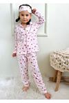 1+1PJKÖ Kalp Desenli Pembe Uzun Kollu Önden Düğmeli Kız Çocuk Pijama Takımı 4-12 Yaş 716U