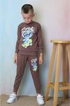 PJK2İ Stitch Desenli Kahverengi 2 İp %100 Pamuk Erkek Çocuk Eşofman Takımı 3-10 Yaş 7319-K