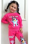 PJK2İ Bluey Desenli Fuşya 2 İp %100 Pamuk Kız Çocuk Eşofman Takımı 3-10 Yaş 7290-F