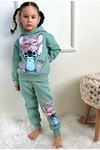 PJK3İ Stitch Desenli Yeşil 3 İp Şardonlu Kapşonlu %100 Pamuk Kız Çocuk Eşofman Takımı 3-10 Yaş 7335-Y