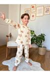 KÇKP Palmiye Desenli Bej %100 Pamuk Erkek Çocuk Pijama Takımı 3-10 Yaş 3111-E