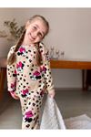 İSOB Bej Minnie Mause Desenli Fitilli Kumaş %100 Pamuk Kız Çocuk Pijama Takımı 3-8 Yaş 31219-B