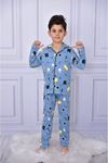 1+1PJKÖ Hey Boom Desenli Mavi Uzun Kollu Önden Düğmeli Erkek Çocuk Pijama Takımı 4-12 Yaş 706U