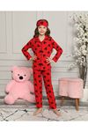1+1PJKÖ Minnie Mause Desenli Kırmızı Uzun Kollu Önden Düğmeli Kız Çocuk Pijama Takımı 4-12 Yaş 500U-K