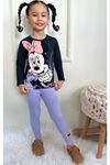PJKT Minnie Mause Desenli Siyah Lila Penyeli Taytlı Kız Çocuk Takımı 3-10 Yaş 7499-L