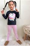 PJKT Unicorn Desenli Siyah Pembe Penyeli Taytlı Kız Çocuk Takımı 3-10 Yaş 7502-P