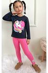 PJKT Unicorn Desenli Siyah Fuşya Penyeli Taytlı Kız Çocuk Takımı 3-10 Yaş 7502-F