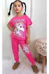 PJKKE Unicorn Desenli Fuşya Eşofmanlı Kız Çocuk Kısa Kol Takım 3-10 Yaş 7459-F
