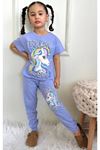PJKKE Unicorn Desenli Lila Eşofmanlı Kız Çocuk Kısa Kol Takım 3-10 Yaş 7459-L