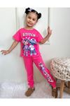 PJKKE Stitch Desenli Fuşya Eşofmanlı Kız Çocuk Kısa Kol Takım 3-10 Yaş 7451-F