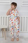 İSOB Ekru Araba Desenli %100 Pamuk Erkek Çocuk Kısa Kollu Pijama Takımı 3-8 Yaş 413143A-E