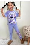 PJKKE Stitch Desenli Lila Eşofmanlı Kız Çocuk Kısa Kol Takım 3-10 Yaş 7434-L