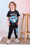 PJKKE Stitch Desenli Siyah Eşofmanlı Erkek Çocuk Kısa Kol Takım 3-10 Yaş 7446-S